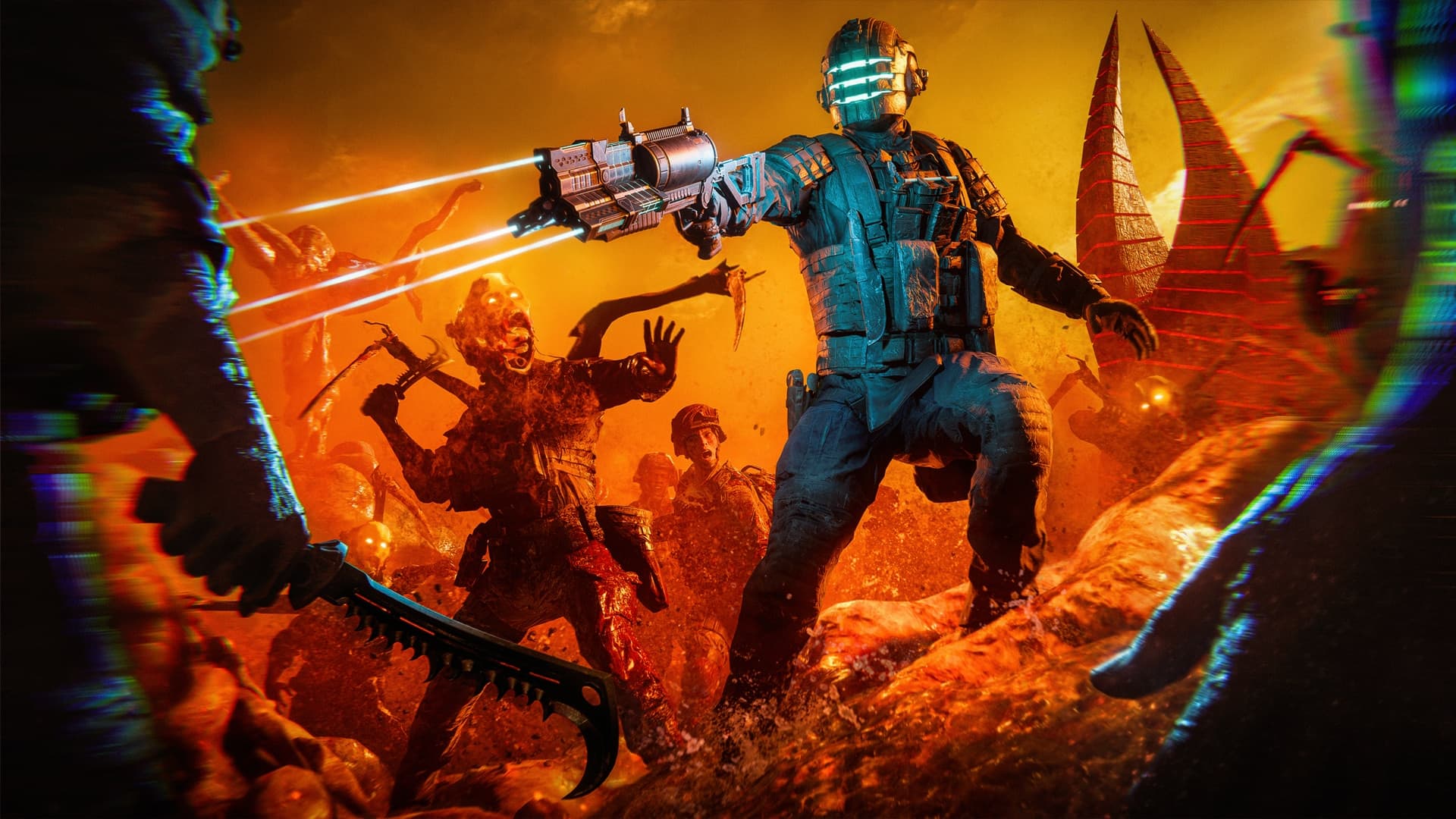 A soldier firing a pulse rifle at corrupted troops during Dead Space Convergence