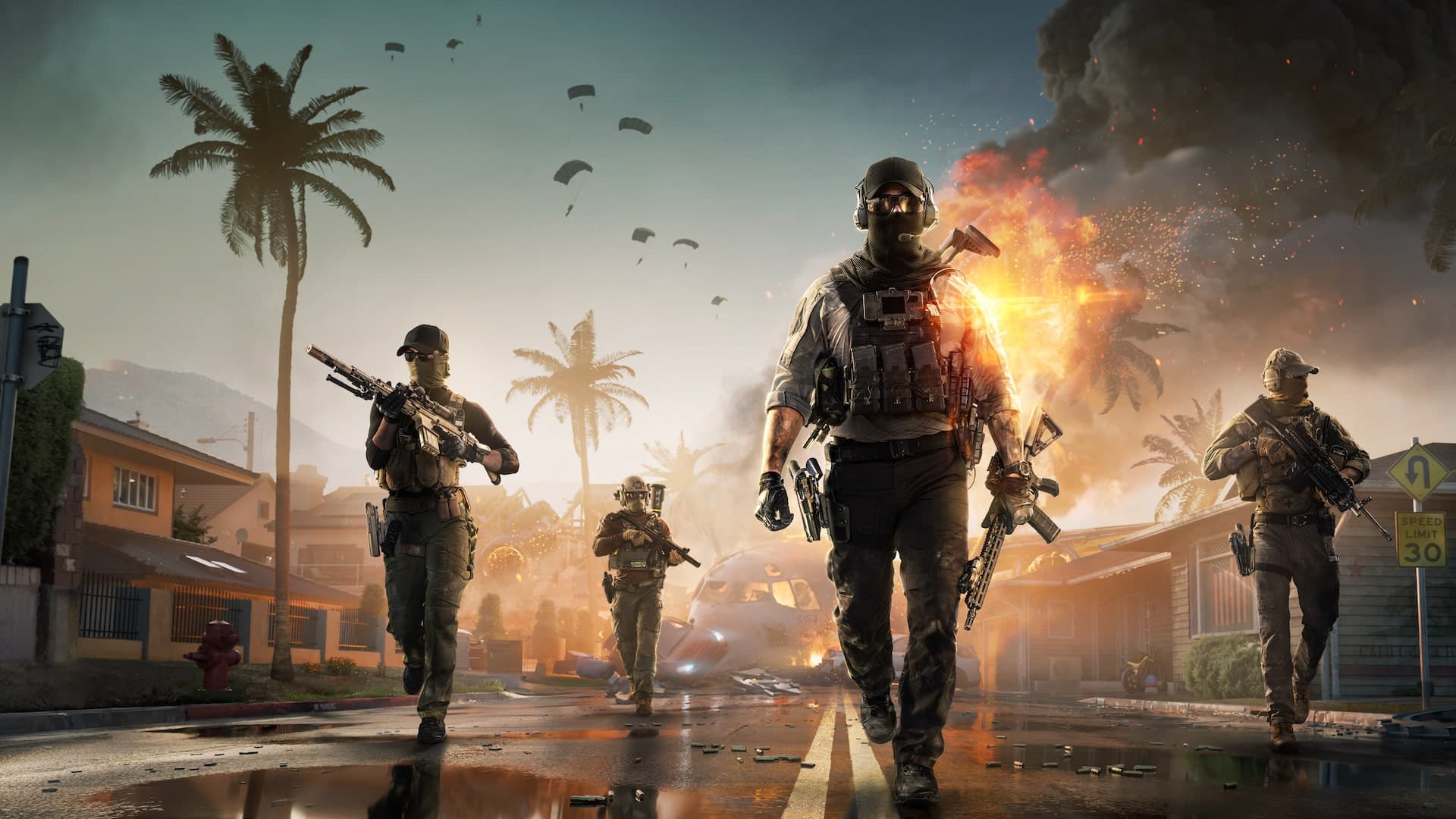 A REDSEC squad moving through a neighborhood with parachutes overhead