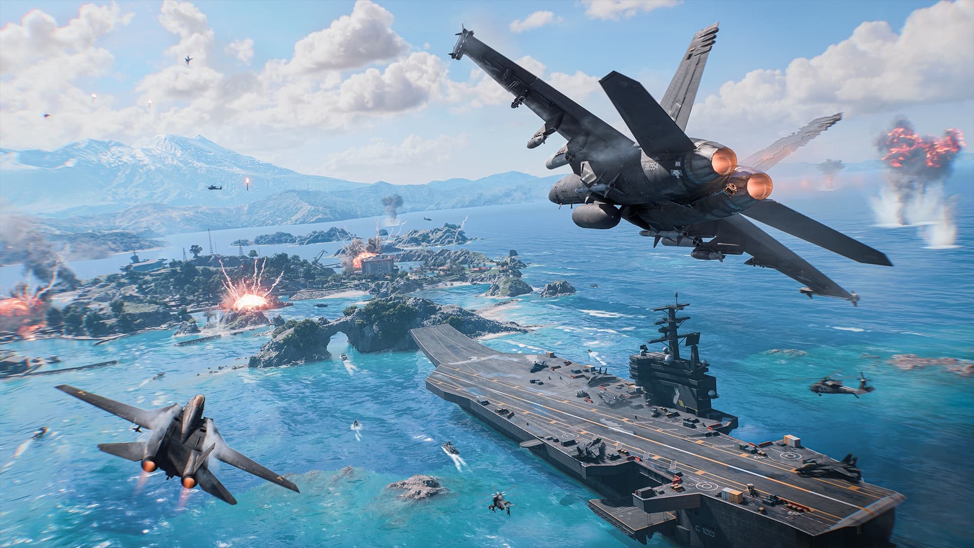 Battlefield 6 Season 4 naval combat over a tropical island chain with jets and an aircraft carrier