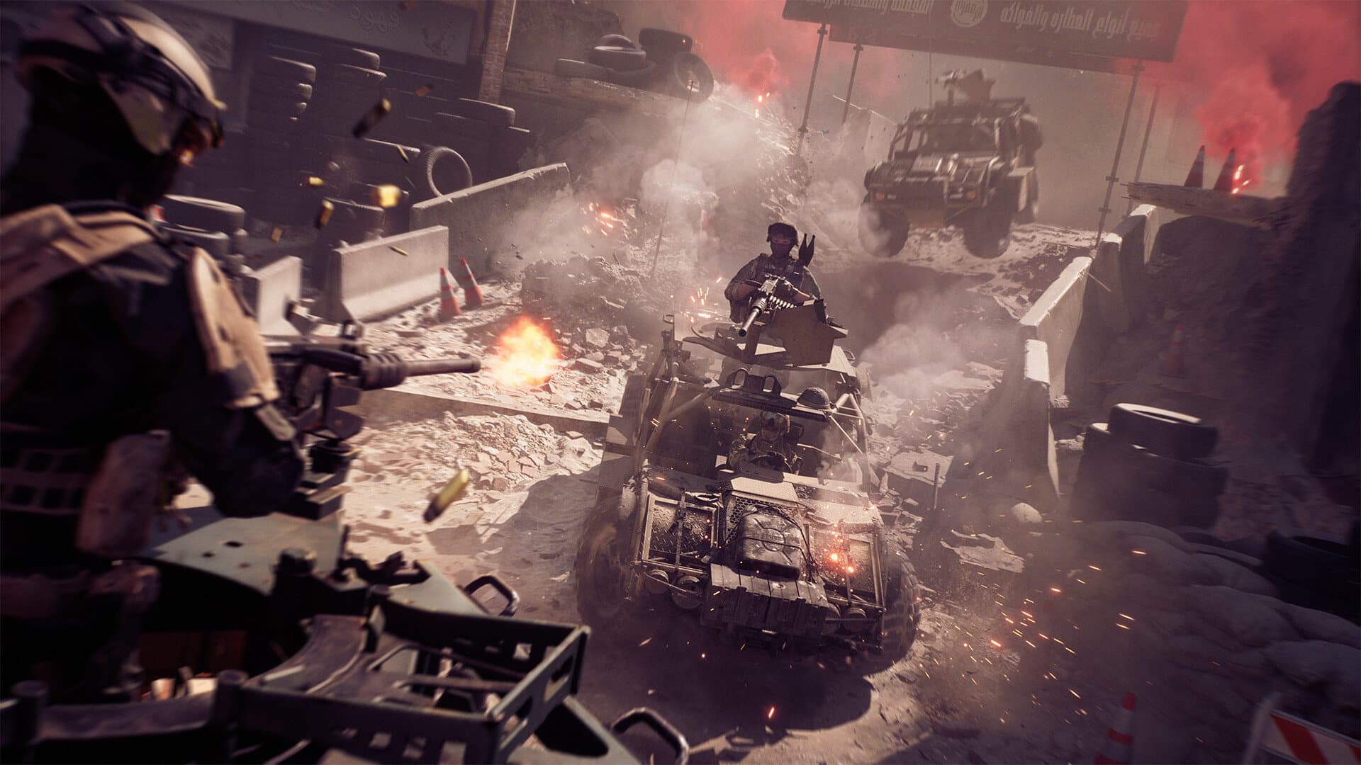 Infantry and light armor fighting through a ruined street in Battlefield 6
