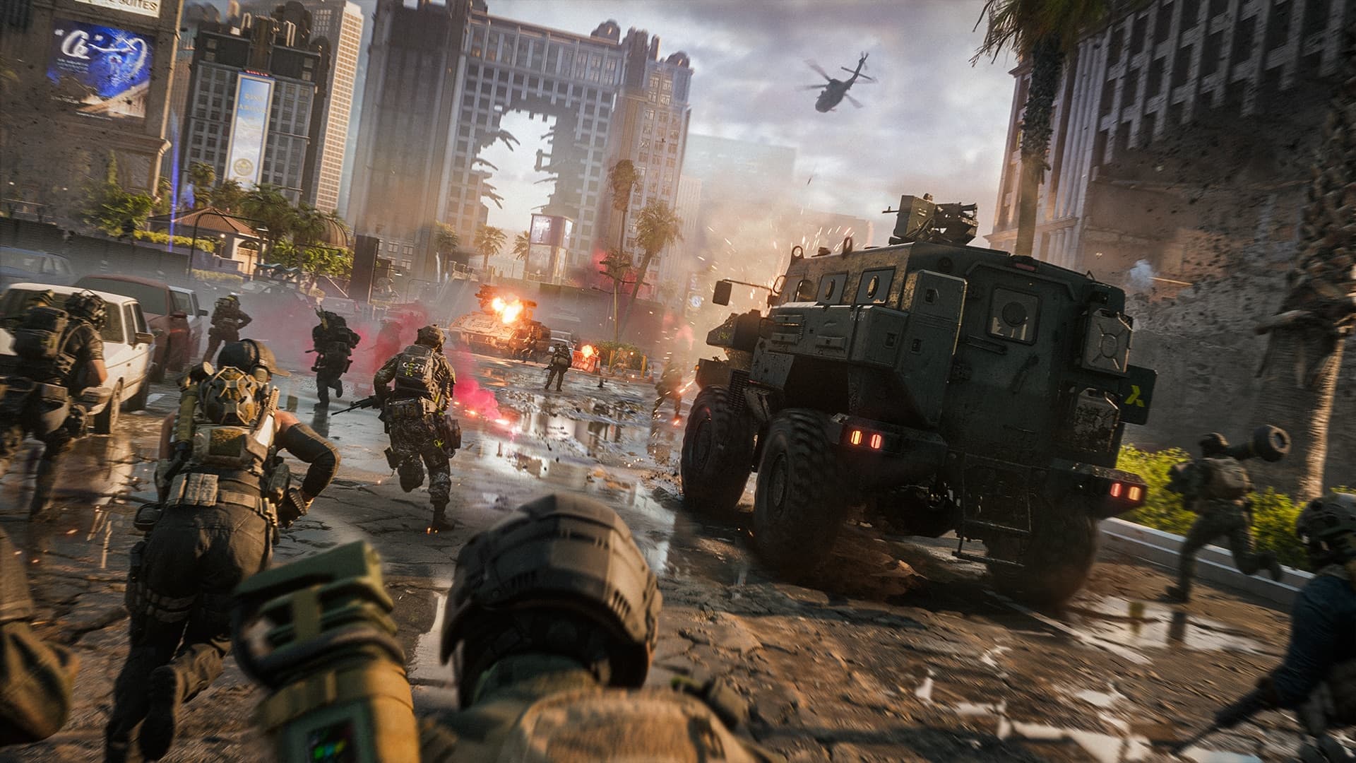 Infantry and an armored vehicle fighting down the Vegas Strip
