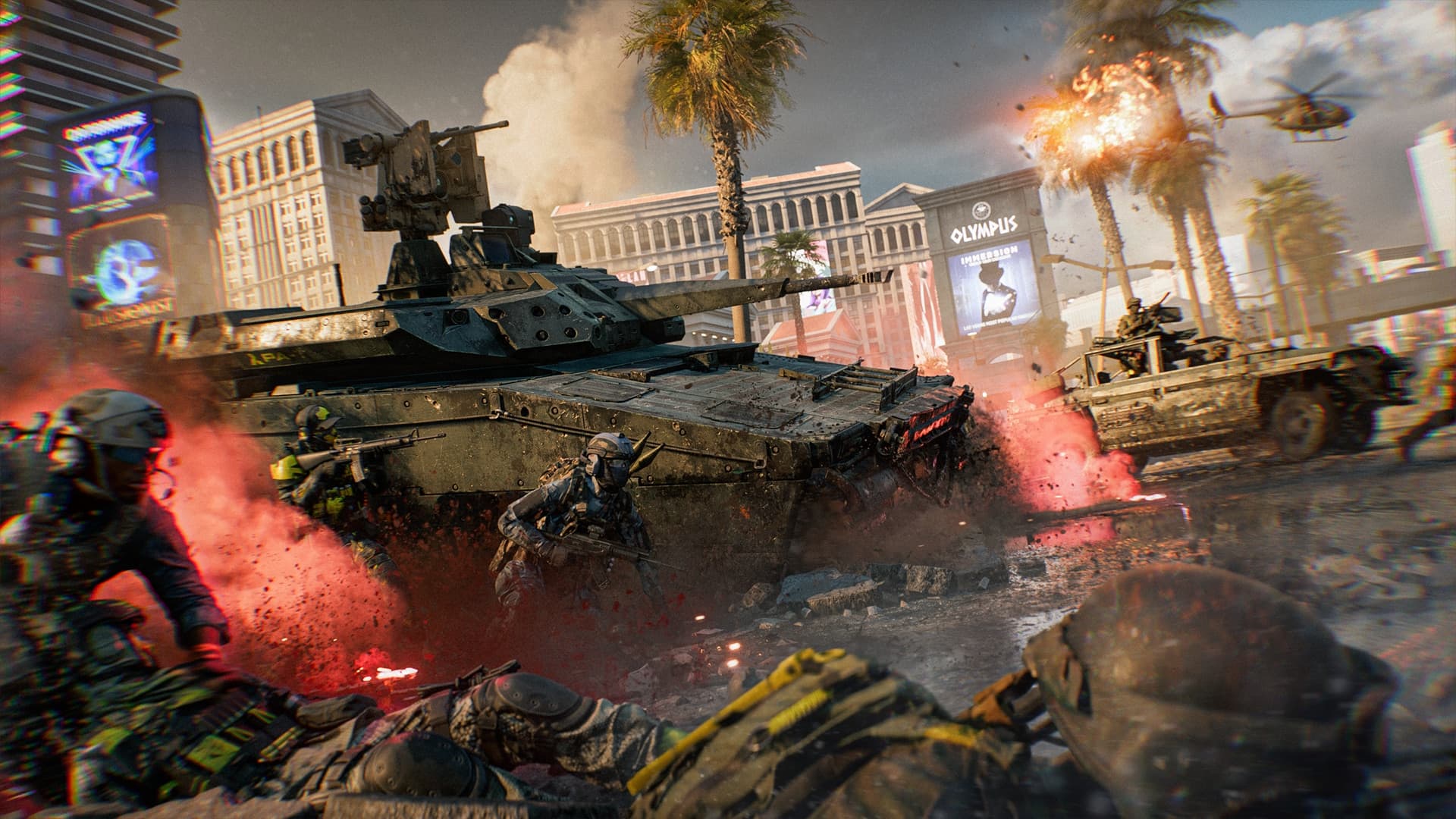 A tank pushing through infantry on the Vegas Strip